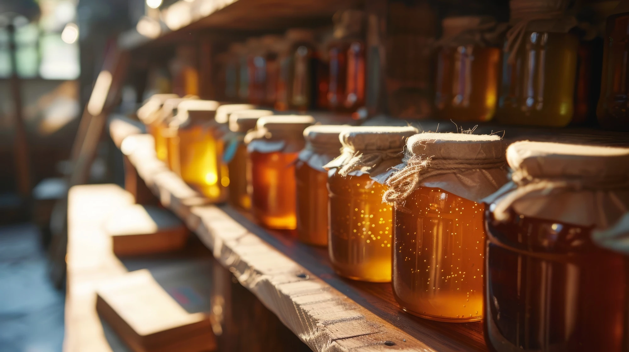 Craft paper topped jars of honey lined up glowing in the sunshine